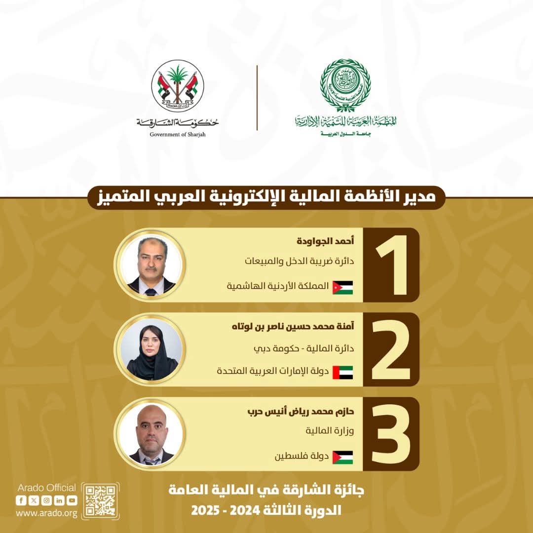 الجواودة من ضريبة الدخل يفوز بجائزة “مدير الأنظمة المالية الإلكترونية العربي المتميز” في حفل الشارقة للمالية العامة