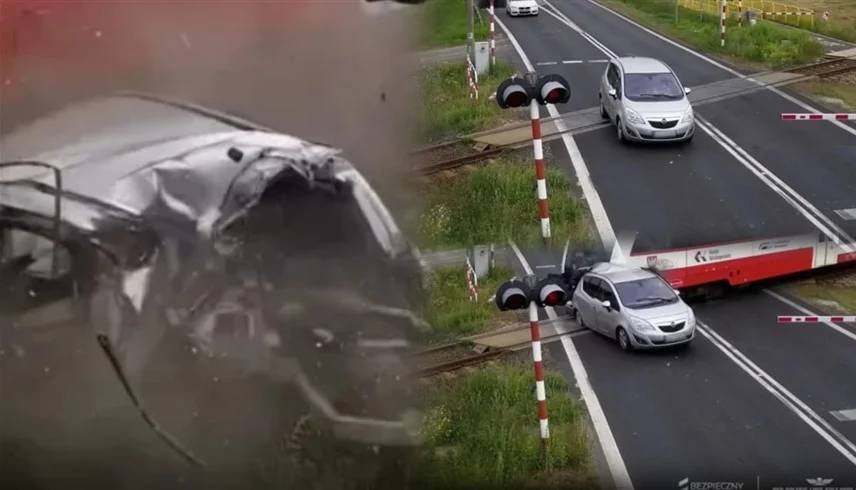 قطار بولندي يدهس سيارة اخترقت الحاجز قطار بولندي يدهس سيارة اخترقت الحاجز