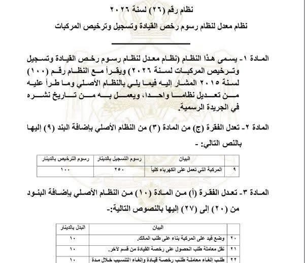تفاصيل النظام المعدل لرسوم تسجيل وترخيص المركبات الكهربائية لعام 2026